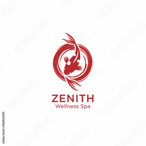 A minimalist red koi fish logo forming a circular flow, symbolizing balance, renewal, and tranquility for Zenith Wellness Spa with a clean, elegant aesthetic.