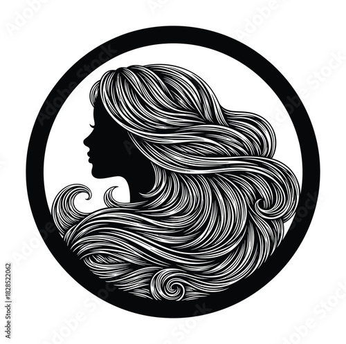 Woman silhouette with long wavy hair vector art beauty salon logo design eps