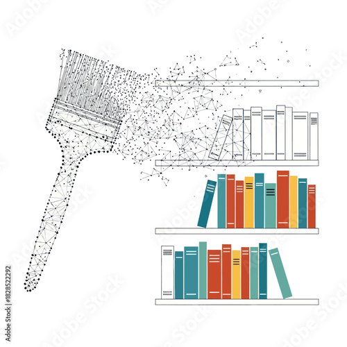 Artistic representation of a paintbrush dissolving into a bookshelf, creative concept.