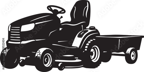 Black silhouette of a riding lawn mower with a trailer isolated on transparent background