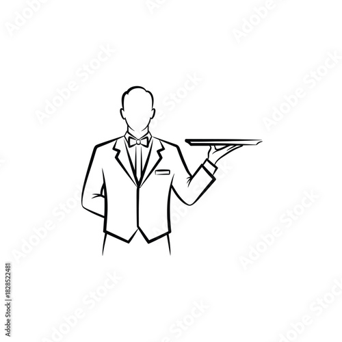 Line art of a waiter holding a tray service restaurant hotel catering formal suit bow tie server food hospitality professional