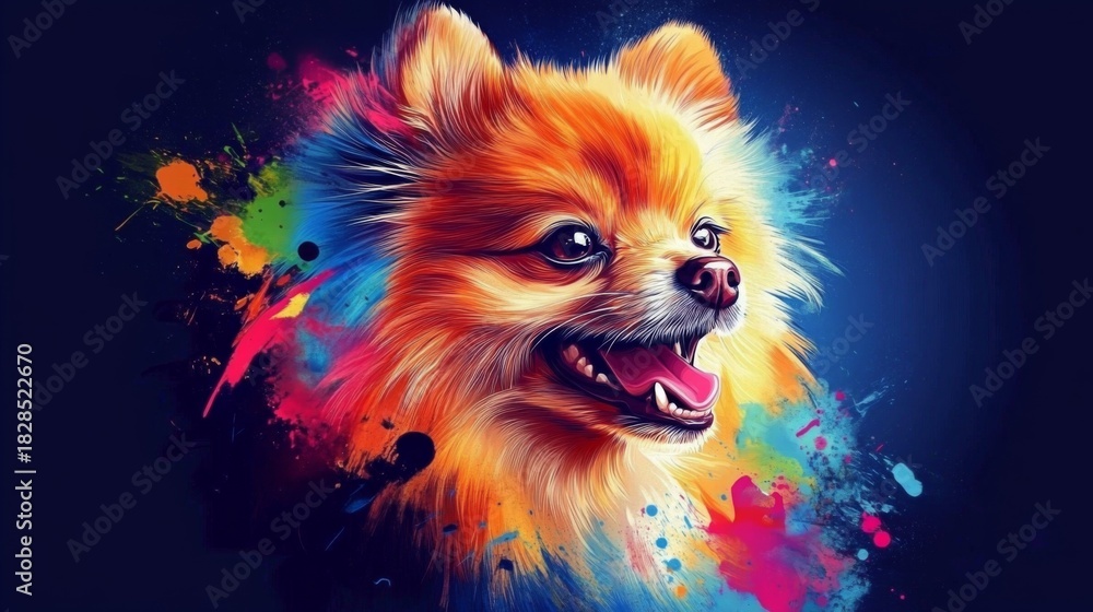 Obraz premium Digital illustration Pomeranian dog facing towards right painting style illustration, happy