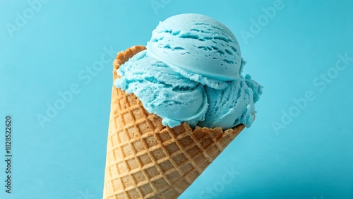 “Bright blue creamy ice cream served in a crisp waffle cone, ideal for menus, packaging, and summer visuals.”