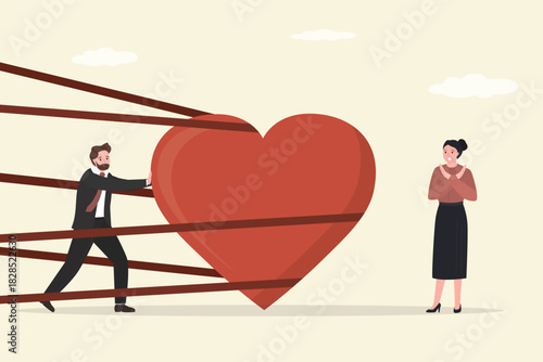 Handsome man push passionate heart. Difficulties or struggle with love to overcome to success. Development of family relationships, disagreements and crisis in love. f