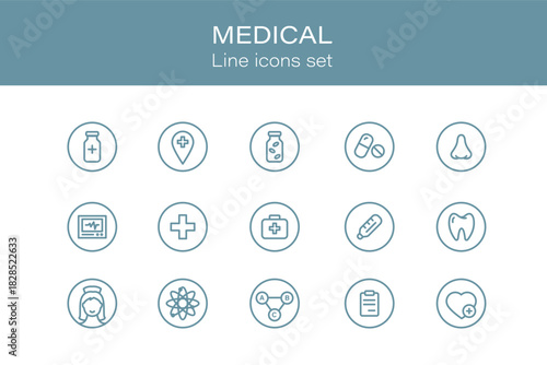 Set of Medicine and Healthcare web icons in line style. Medicine and Health Care, RX. Collection of medical pictograms.