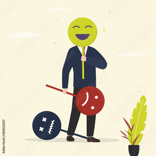 Positive thinking or good review. Businessman hold mask on face to express emotion, concept of face expression, feeling, fake feeling, facial grimaces,