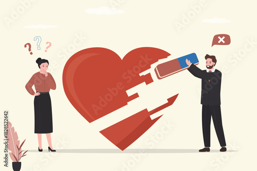 Man and woman erased heart shape with eraser. Move on or forget and forgive, open for new relationship. Family conflict. End of relationship, past love