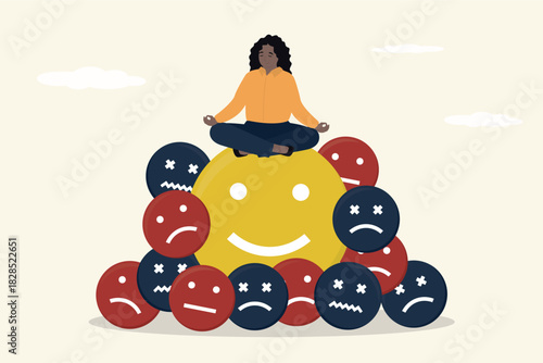 Happy woman meditating on smiling ball among other gloomy balls. Being optimistic, cheerful and happy. Positive thinking, Break time, calm and relax. Time out,