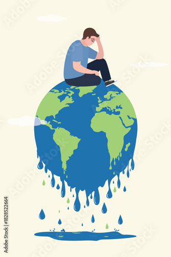 Melting earth, climate change. Global warming. Depicting the world. Unhappy young adult sitting on terrestrial globe. Environmental damage from humans; planet crisis.