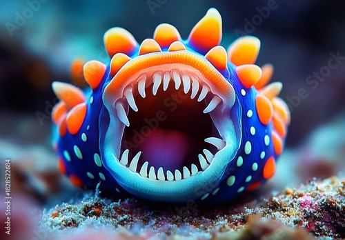 Fototapeta Naklejka Na Ścianę i Meble -  Close-up sea slug coral reef blue orange color funny illustration