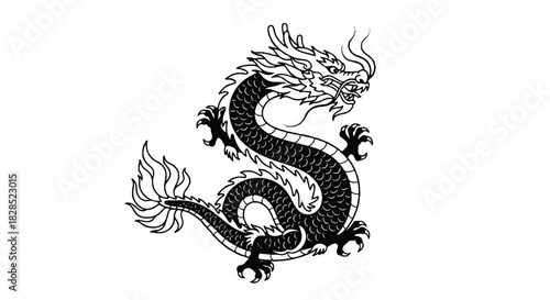 Powerful monochrome Asian dragon graphic silhouette, featuring traditional stylized scales and a dramatically curled tail, appears isolated on a crisp white background.
