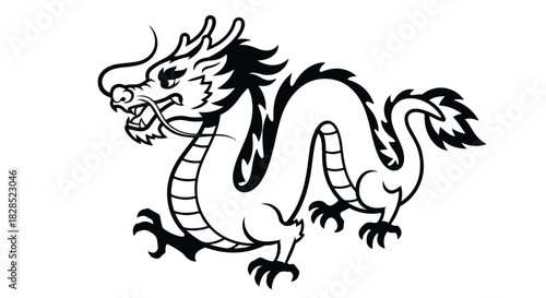 Simplified Chinese dragon 2D flat vector illustration featuring clean black and white shapes, isolated as a bold graphic symbol of mythology and tradition on a pure white background.