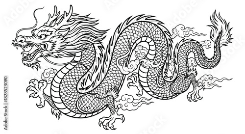 Monochrome Chinese dragon illustration featuring bold, flowing lines and intricate scales, rendered in a 2D flat style and isolated cleanly on a pure white background.