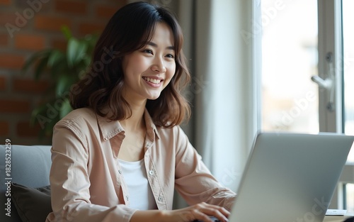 Close-up of ambitious beautiful asian female employee working from home. Girl on remote using laptop, smiling dreamy while looking outside window. Student feel inspired writing essay. High quality