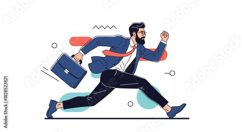Determined businessman in a hurry, running with a briefcase, depicting urgency, ambition, and modern lifestyle in a vector illustration style.