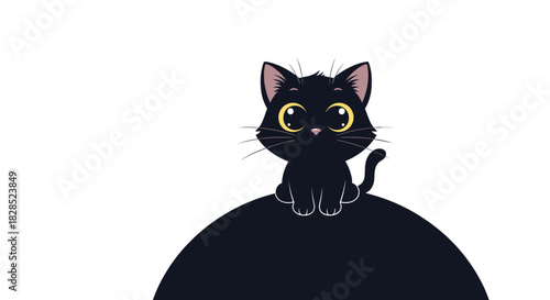 A cute black cartoon cat with big yellow eyes sits on a large, rounded shape in a simple, adorable illustration against a white background.
