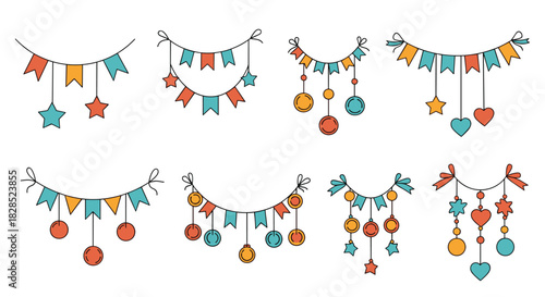 Collection of festive bunting and hanging ornaments in various shapes and colors.