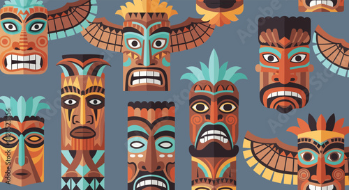 Seamless pattern of colorful flat design tribal totem poles and tiki masks with various expressions, representing ancient ethnic cultures.
