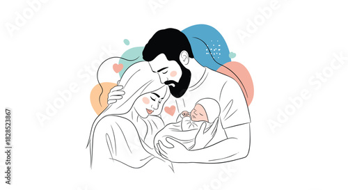 A loving family gazing at their newborn baby, expressing happiness and tenderness together in a beautiful illustration.