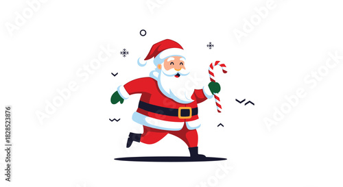Jolly Santa Claus in a festive red suit happily runs while holding a candy cane, captured in a vibrant Christmas-themed cartoon illustration.
