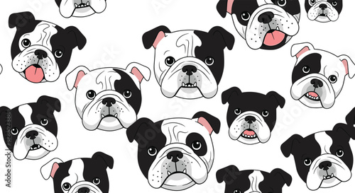 Seamless pattern of cute black and white bulldog faces with various expressions, ideal for textiles and digital backgrounds.