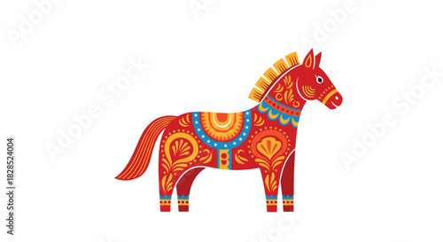 A colorful Dala horse illustration in traditional Swedish folk art style, isolated on a white background.