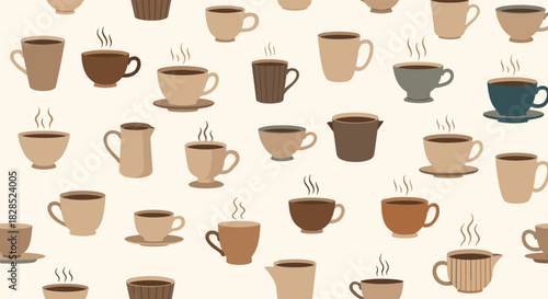 A charming seamless pattern featuring various steaming coffee cups and mugs in warm, neutral brown and cream tones on a light background.