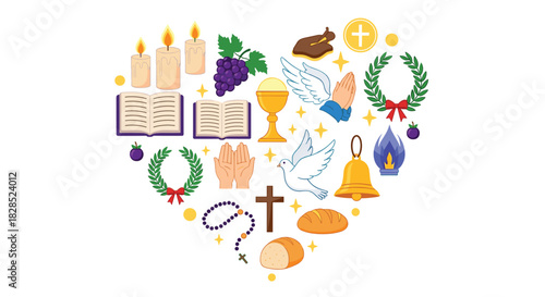 A heart-shaped arrangement of Christian symbols representing faith, hope, and love.