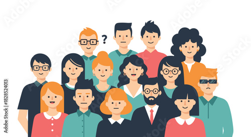 A diverse group of cartoon people stands together, with one person having a question mark above their head, symbolizing inquiry or uncertainty.
