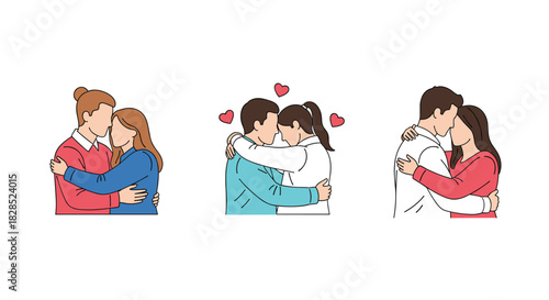 Three couples embrace tenderly, expressing love and affection, with hearts emphasizing the romantic connection between them.