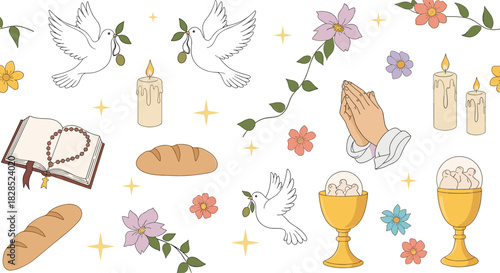 A religious themed seamless pattern design featuring doves, candles, flowers, bread, and chalices on a white background, perfect for faith-based projects.