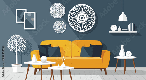 Stylish living room interior features a yellow couch, decorative wall art, and contemporary furniture, creating a cozy and inviting atmosphere.
