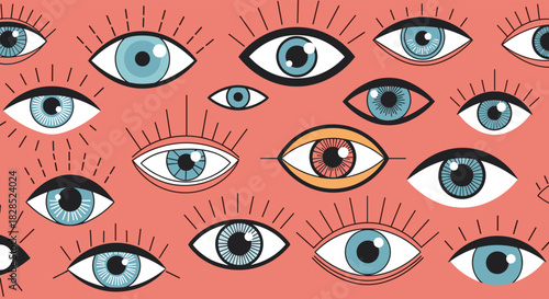 A repeating pattern of stylized eyes on a coral-colored background, representing perception and vision, evokes a sense of awareness and observation, suitable for design and artistic applications.
