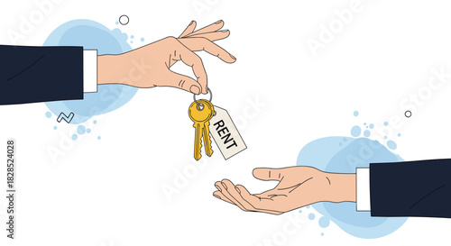 Hand passing a set of keys with a 'rent' tag to another open hand.