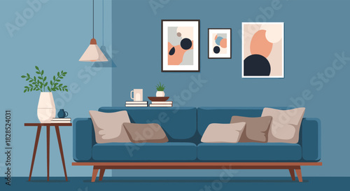A blue sofa sits in a cozy living room with abstract art on the wall.