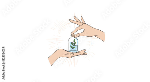 Hands holding a glass jar filled with water and a green plant, possibly symbolizing growth, nature, or a delicate ecosystem.