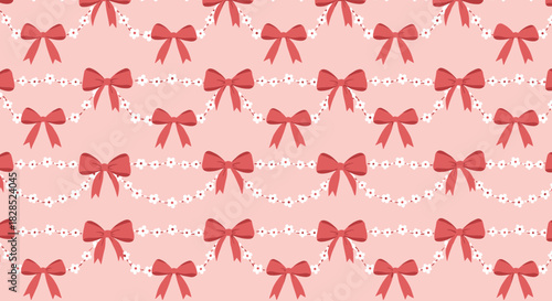 Charming seamless pattern featuring dainty red bows connected by white floral garlands on a soft pastel pink background, ideal for decorative textiles or gift wraps.