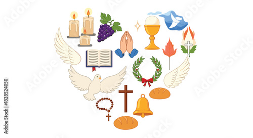 Religious symbols arranged in a heart shape, including a dove, cross, and communion cup.