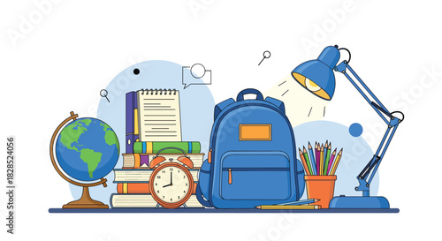 Back to school: A colorful illustration of books, globe, backpack, and desk lamp, perfect for educational or learning themes.