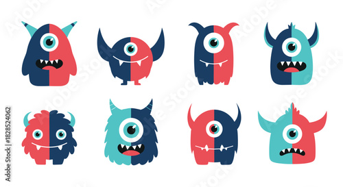 Colorful cartoon monster characters with varied features and expressions, arranged in a row against a white background, creating a playful and whimsical design element.