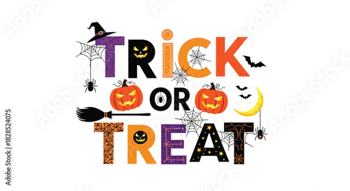 Festive 'Trick or Treat' Halloween typography with pumpkins, bats, spiders, and a witch's broom on a white background.