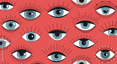 Patterned background with various eye illustrations in blue, black and white on a warm red backdrop, creating an eye-catching design.