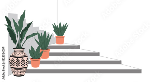 An illustrated image of potted plants arranged on a staircase with a white background.