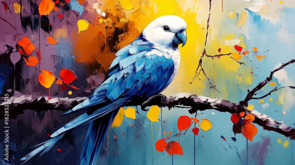 Fototapeta premium Painting blue white parrot perched tree branch facing oil style illustration