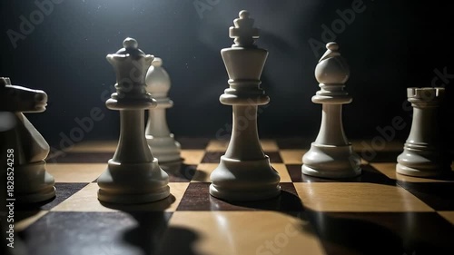 Strategic Chess Game A Dramatic Showdown of Kings Queens and Bishops on a Darkened Board Illuminated by a Single Spotlight Emphasizing Strategy and Intellectual Challenge.