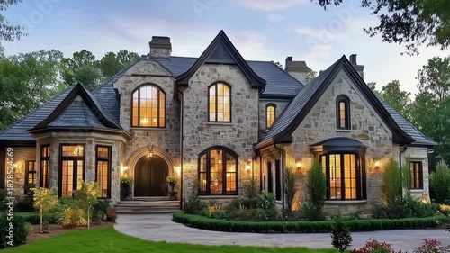 Elegant stone Tudor-style mansion with arched windows and lush landscaping at dusk.