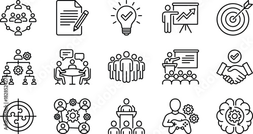 Business, Teamwork, Strategy, Management, and Education Vector Line Icons Set: Modern Outline Symbols for Corporate Collaboration, Problem Solving, and Goal Achievement.