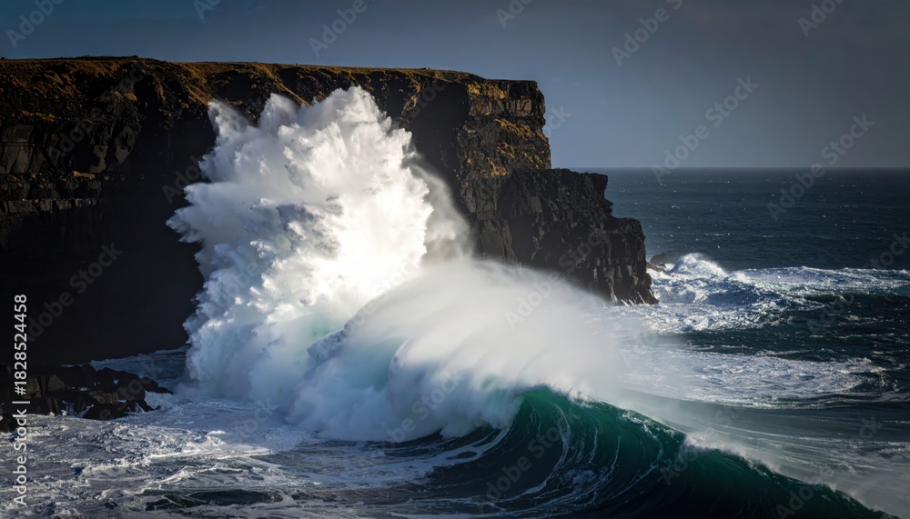 Fototapeta premium Powerful Wave Crashing Against Coastal Cliffs Ocean Landscape.