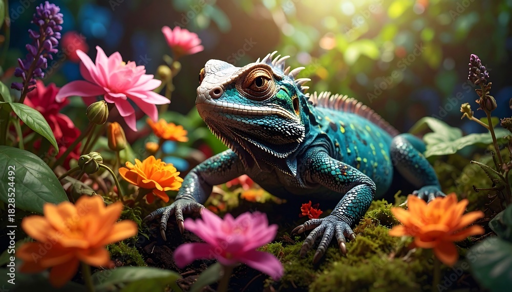 Obraz premium Vivid lizard in vibrant, colorful garden setting with diverse blooms, focused