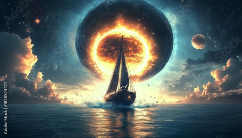 Fototapeta Naklejka Na Ścianę i Meble -  Digital illustration ship sailing outer space center image sci-fi fantasy big pirate